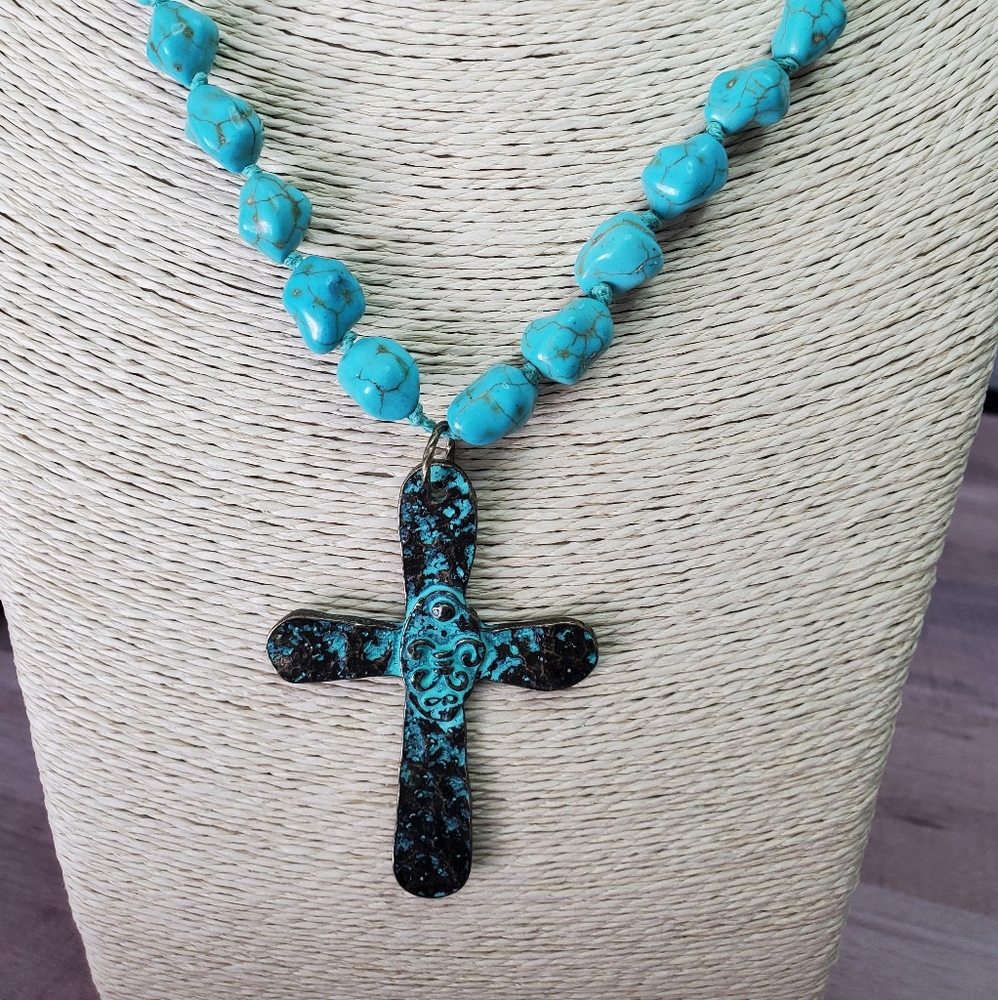 Natural stone and metal cross necklace